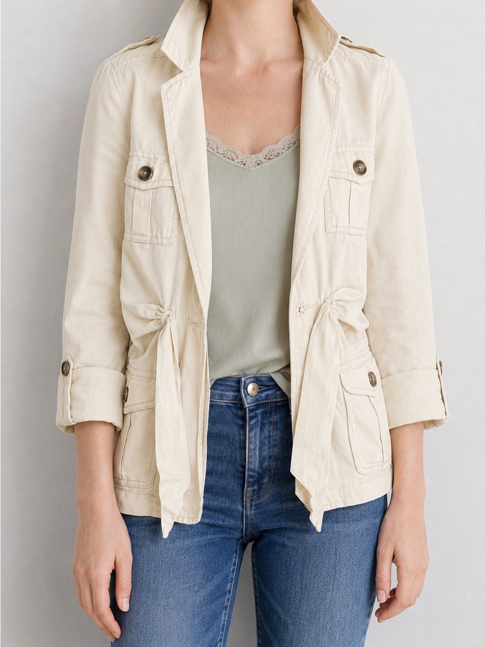 Anthropologie Cartonnier Ivory Tie Front Utility Jacket Size 8 Medium